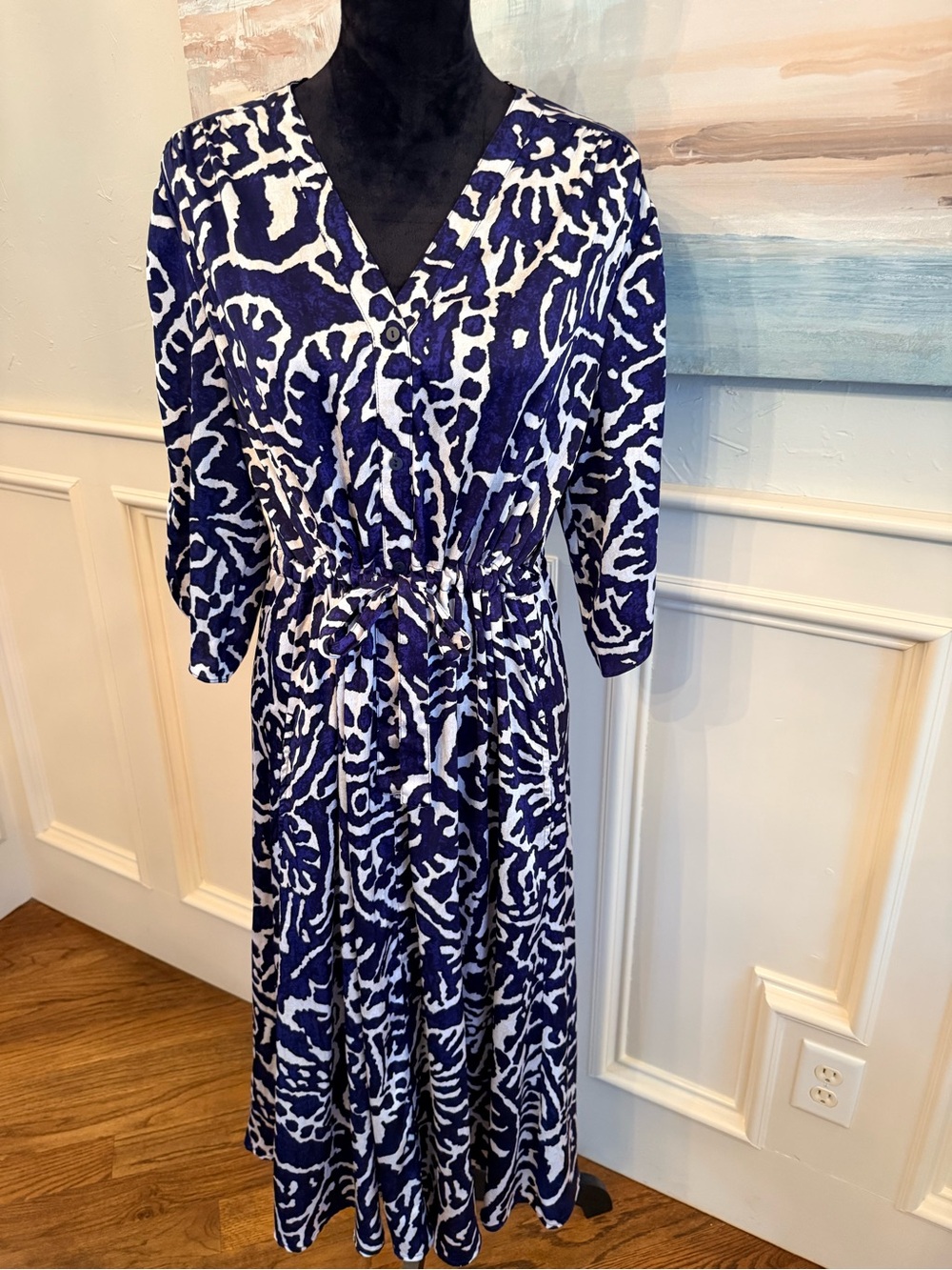 NIC+ZOE Blue & White Print Midi Dress | Size Large | Tie Waist with Pockets - Picture 2 of 11